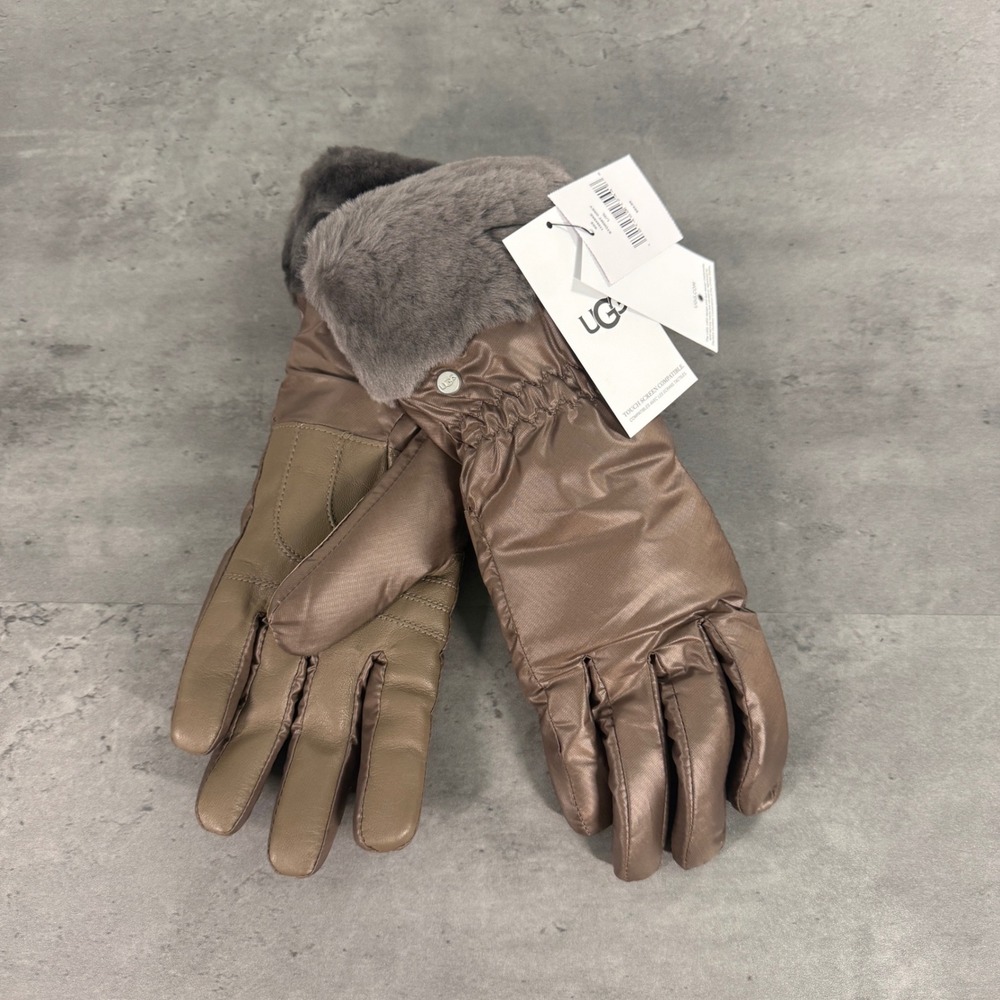 UGG Quilted Tech Gloves Women L/XL Stormy Grey Bronze Brown Shearling‎ Leather